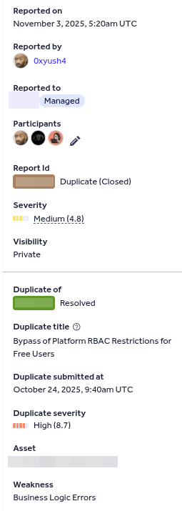 Bug bounty report status showing duplicate to high severity finding