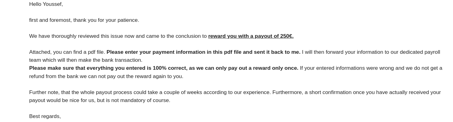Vendor confirmation of bounty reward for the disclosed vulnerability