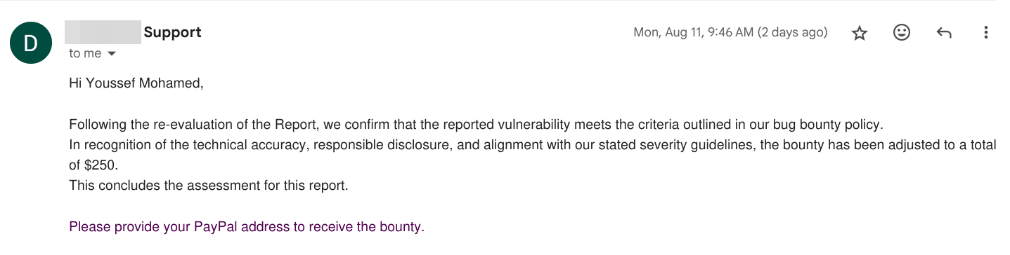 Vendor confirmation of bounty reward for the disclosed vulnerability